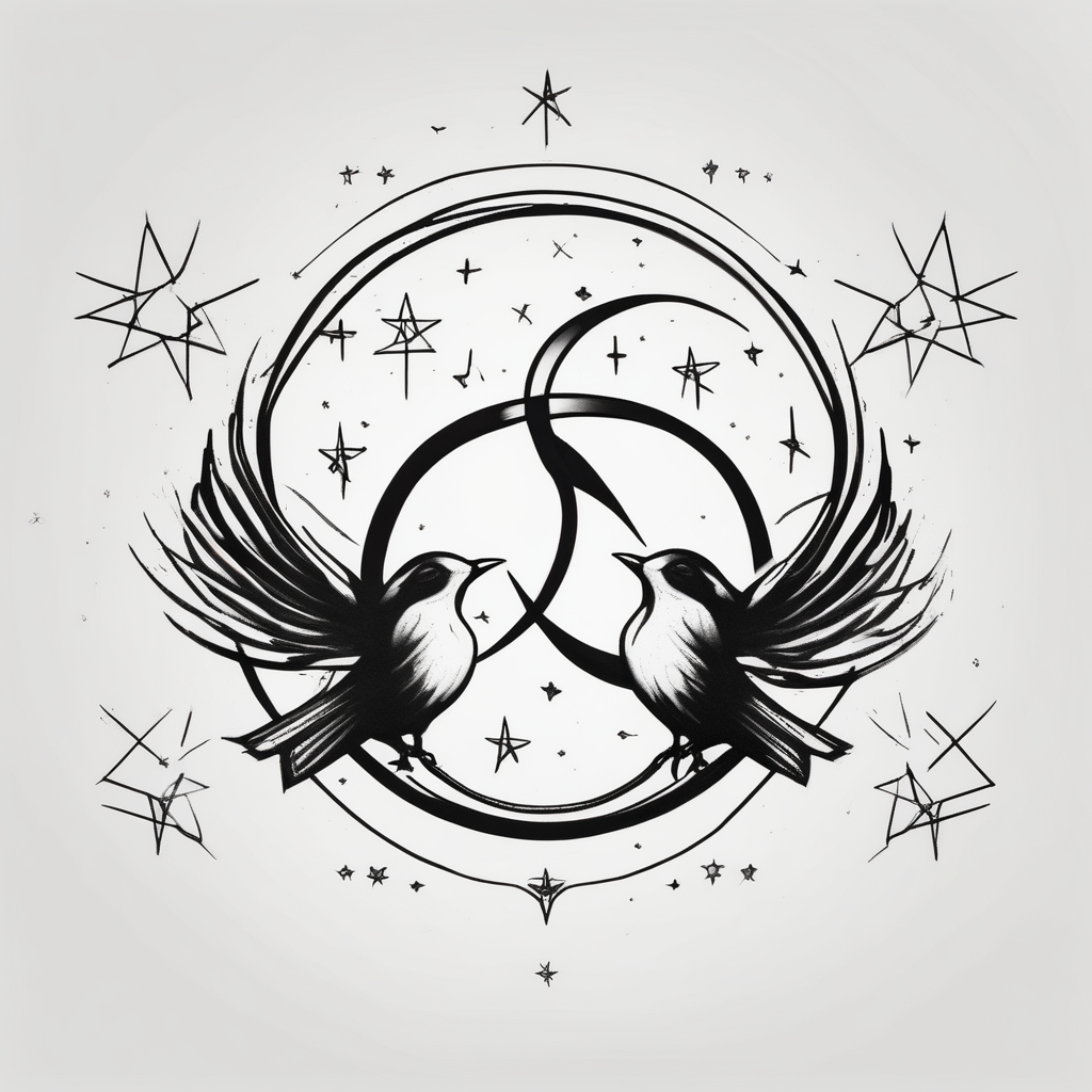 two birds sitting, stars and infinity theme couples tattoo floral sleeve tattoo, diseño de tatuaje Minimalista generado con IA